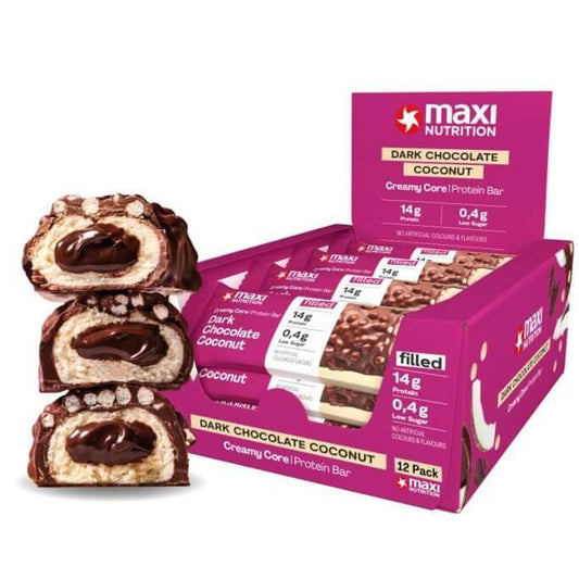 Maxi Nutrition Dark Chocolate Coconut Protein Bars with creamy core, pack of 12 units, 14g premium protein each.