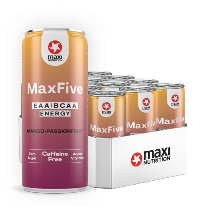 MaxFive EAA Drink in Mango Passion Fruit flavor, caffeine-free, zero sugar, with added vitamins.