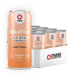 MaxFive EAA Drink Sweet Peach flavor in a pack of cans by Maxi Nutrition, zero sugar, with added vitamins.
