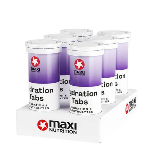 MaxiNutrition Hydration Tabs display with six tubes of effervescent hydration and electrolytes, perfect for sports.