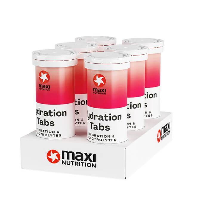 Six tubes of Hydration Tabs by MaxiNutrition on display, providing essential electrolytes for sports hydration.
