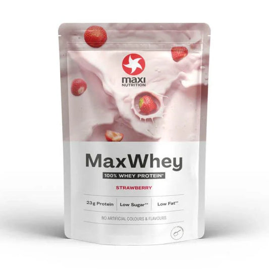 MaxWhey 100% whey protein powder in strawberry flavor with low sugar and low fat packaging.